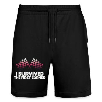 Ich habe die erste Kurve überlebt - Stanley/Stella Unisex Bio Joggingshorts Trainer  - Schwarz - Vorne - Nik (191cm) & Marisol (170cm)