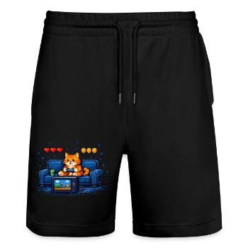 Zocken Katze – PC Gamer Humor - Stanley/Stella Unisex Bio Joggingshorts Trainer  - Schwarz - Vorne - Nik (191cm) & Marisol (170cm)