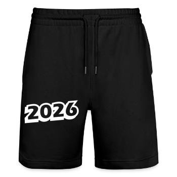 2026 Jahr - Stanley/Stella Unisex Bio Joggingshorts Trainer  - Schwarz - Vorne - Nik (191cm) & Marisol (170cm)