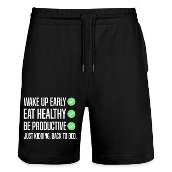 Funny New Year's Resolution - Stanley/Stella Trainer Unisex Organic Jogging Shorts - black - Front - Nik (191cm) & Marisol (170cm)