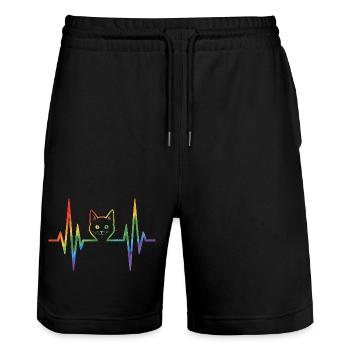 Rainbow cat with pulse heart line - Stanley/Stella Trainer Unisex Organic Jogging Shorts - black - Front - Nik (191cm) & Marisol (170cm)
