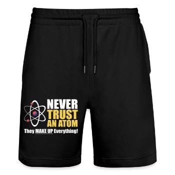 Never Trust an Atom  - Stanley/Stella Trainer Unisex Organic Jogging Shorts - black - Front - Nik (191cm) & Marisol (170cm)