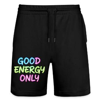 Neon Schriftzug Gute Energie Nur - Stanley/Stella Unisex Bio Joggingshorts Trainer  - Schwarz - Vorne - Nik (191cm) & Marisol (170cm)