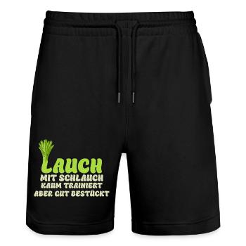 Gym LAUCH MIT SCHLAUCH KAUM TRAINIERT Lustig - Stanley/Stella Unisex Bio Joggingshorts Trainer  - Schwarz - Vorne - Nik (191cm) & Marisol (170cm)
