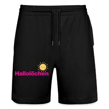 HALOLÖCHEN, SÜSSE BEGRÜSSUNG MIT SONNE, POSITIVITY - Stanley/Stella Unisex Bio Joggingshorts Trainer  - Schwarz - Vorne - Nik (191cm) & Marisol (170cm)