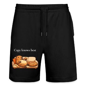 Capybara avec pizza sur canapé - Short de jogging bio TRAINER Stanley/Stella unisexe - noir - Devant - Nik (191cm) & Marisol (170cm)