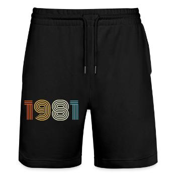 1981 Geschenk 1981 Jahrgang 1981 - Stanley/Stella Unisex Bio Joggingshorts Trainer  - Schwarz - Vorne - Nik (191cm) & Marisol (170cm)