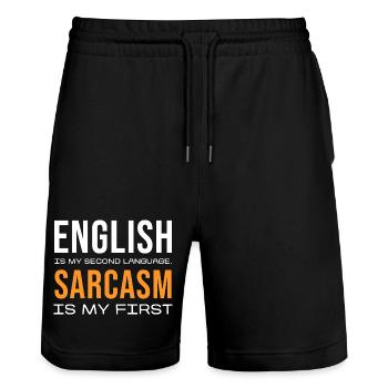 Sarcasm First, English Second - Stanley/Stella Unisex Bio Joggingshorts Trainer  - Schwarz - Vorne - Nik (191cm) & Marisol (170cm)