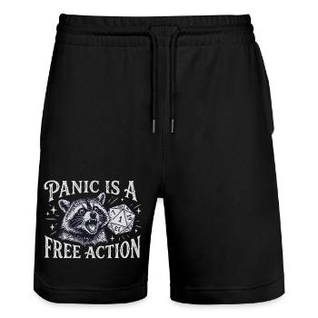Panic is a Free Action – Raccoon D20 Design - Stanley/Stella Unisex Bio Joggingshorts Trainer  - Schwarz - Vorne - Nik (191cm) & Marisol (170cm)