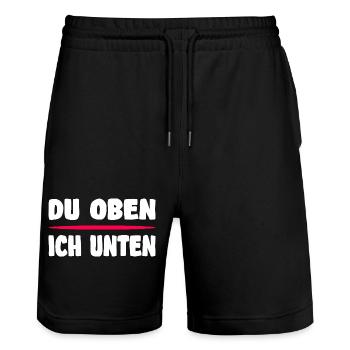 Lustiges Flirtshirt – Du oben ich unten Spruch - Stanley/Stella Unisex Bio Joggingshorts Trainer  - Schwarz - Vorne - Nik (191cm) & Marisol (170cm)