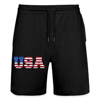 USA Lettering America Fan American Flag - Stanley/Stella Trainer Unisex Organic Jogging Shorts - black - Front - Nik (191cm) & Marisol (170cm)
