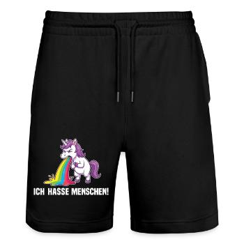 Lustiges Einhorn Ich hasse Menschen Regenbogen - Stanley/Stella Unisex Bio Joggingshorts Trainer  - Schwarz - Vorne - Nik (191cm) & Marisol (170cm)