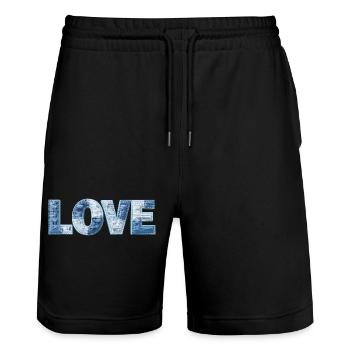 LOVE Patchwork Trend Schriftzug Stoff Look - Stanley/Stella Unisex Bio Joggingshorts Trainer  - Schwarz - Vorne - Nik (191cm) & Marisol (170cm)