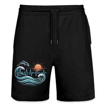 Sea Heart Line Shirt – Dolphin & Waves Motif - Stanley/Stella Trainer Unisex Organic Jogging Shorts - black - Front - Nik (191cm) & Marisol (170cm)