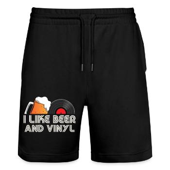 I Like Beer and Vinyl Retro Quote Design - Stanley/Stella Unisex Bio Joggingshorts Trainer  - Schwarz - Vorne - Nik (191cm) & Marisol (170cm)