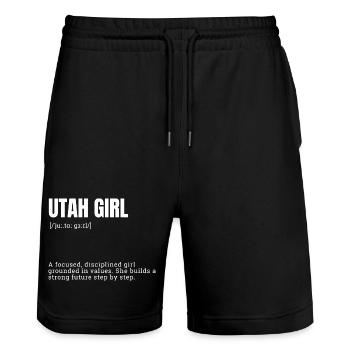 Utah Girl: Values and Focus - Stanley/Stella Trainer Unisex Organic Jogging Shorts - black - Front - Nik (191cm) & Marisol (170cm)