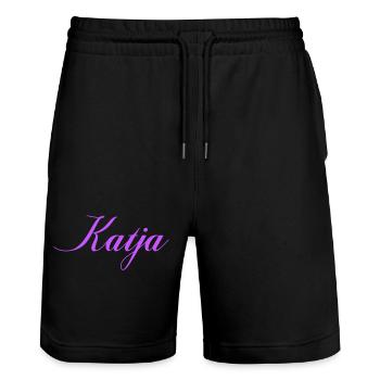 Nomme Katja en écriture lavande - Short de jogging bio TRAINER Stanley/Stella unisexe - noir - Devant - Nik (191cm) & Marisol (170cm)