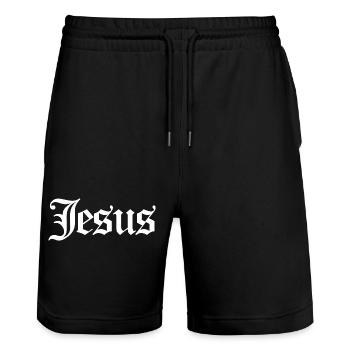 Jesus en lettrage gothique blanc - Short de jogging bio TRAINER Stanley/Stella unisexe - noir - Devant - Nik (191cm) & Marisol (170cm)