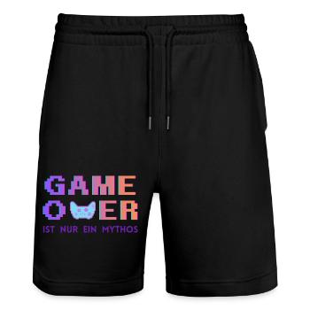 Game Over Mythos Pixel Gradient - Stanley/Stella Unisex Bio Joggingshorts Trainer  - Schwarz - Vorne - Nik (191cm) & Marisol (170cm)
