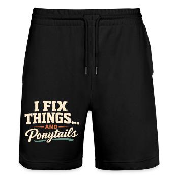 Ich reparier alles, auch Pferdeschwänze | Papa - Stanley/Stella Unisex Bio Joggingshorts Trainer  - Schwarz - Vorne - Nik (191cm) & Marisol (170cm)