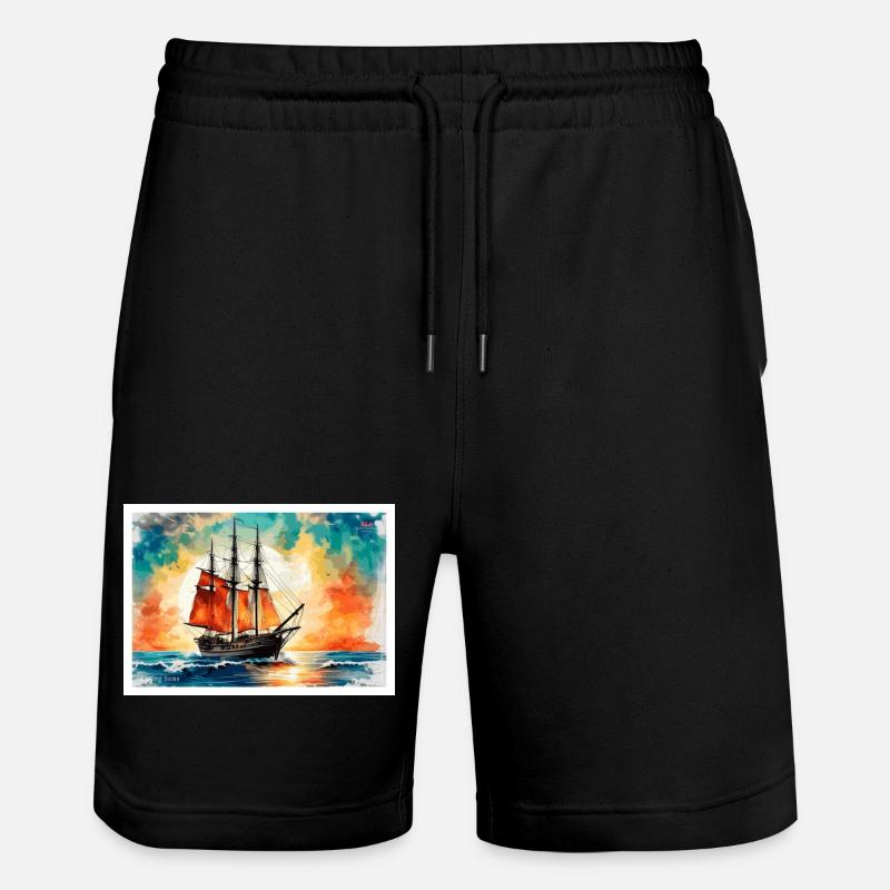 Red sailing ship at sunset - Stanley/Stella Trainer Unisex Organic Jogging Shorts - black
