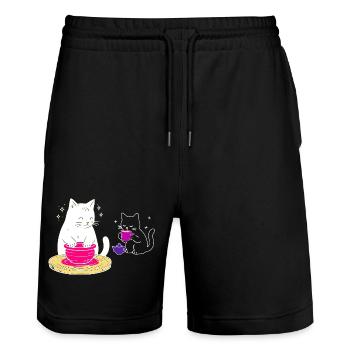 Handwerkerisches Katzenleben – Vom Rad zum Tee - Stanley/Stella Unisex Bio Joggingshorts Trainer  - Schwarz - Vorne - Nik (191cm) & Marisol (170cm)