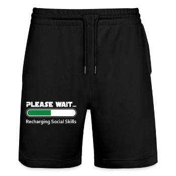 Introvert Recharging Social Skills - Dark BG - Stanley/Stella Trainer Unisex Organic Jogging Shorts - black - Front - Nik (191cm) & Marisol (170cm)