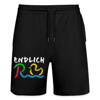 Endlich Rente - Ruhestand - Pension - Stanley/Stella Unisex Bio Joggingshorts Trainer  - Schwarz - Vorne - Nik (191cm) & Marisol (170cm)