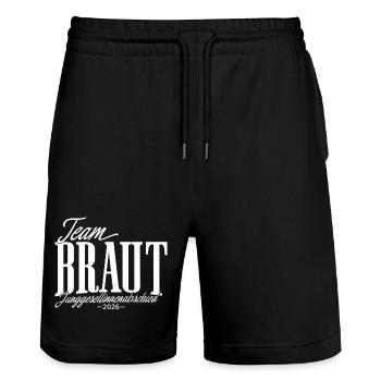 Team Braut Junggesellinnenabschied JGA 2026 - Stanley/Stella Unisex Bio Joggingshorts Trainer  - Schwarz - Vorne - Nik (191cm) & Marisol (170cm)