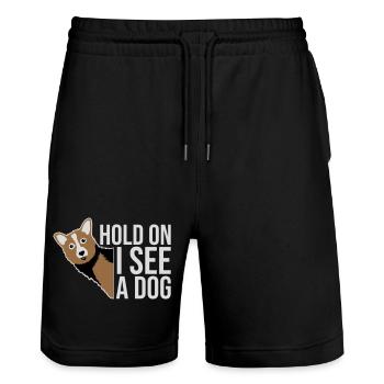Attends, je vois un chien, chien, drôle de distrait, en disant - Short de jogging bio TRAINER Stanley/Stella unisexe - noir - Devant - Nik (191cm) & Marisol (170cm)