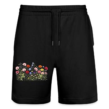 Wildflowers meadow with natural watercolor flowers - Stanley/Stella Trainer Unisex Organic Jogging Shorts - black - Front - Nik (191cm) & Marisol (170cm)