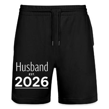 Husband 2026 Hochzeit Bräutigam - Stanley/Stella Unisex Bio Joggingshorts Trainer  - Schwarz - Vorne - Nik (191cm) & Marisol (170cm)