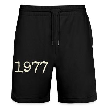 1977 Birthday Gift - Awesome since 1977 - Stanley/Stella Trainer Unisex Organic Jogging Shorts - black - Front - Nik (191cm) & Marisol (170cm)