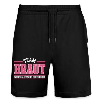 Team Braut Wir Eskalieren Crew Squad JGA Frauen - Stanley/Stella Unisex Bio Joggingshorts Trainer  - Schwarz - Vorne - Nik (191cm) & Marisol (170cm)