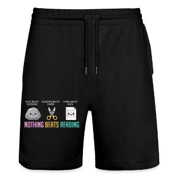Nichts geht über das Lesen von Buch, Stein, Papier, Schere, Papier, - Stanley/Stella Unisex Bio Joggingshorts Trainer  - Schwarz - Vorne - Nik (191cm) & Marisol (170cm)