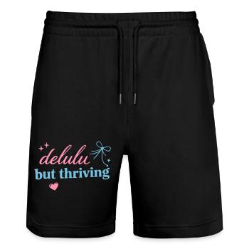 Delhu Thriving Script Logo - Stanley/Stella Unisex Bio Joggingshorts Trainer  - Schwarz - Vorne - Nik (191cm) & Marisol (170cm)