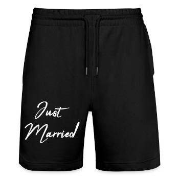 GERADE VERHEIRATET. Junggesellinnenabschied. VALENTINSTAG. PAAR - Stanley/Stella Unisex Bio Joggingshorts Trainer  - Schwarz - Vorne - Nik (191cm) & Marisol (170cm)