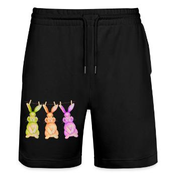 Hase T-Shirt süß Wäscheleine Osterdesign Geschenk - Stanley/Stella Unisex Bio Joggingshorts Trainer  - Schwarz - Vorne - Nik (191cm) & Marisol (170cm)