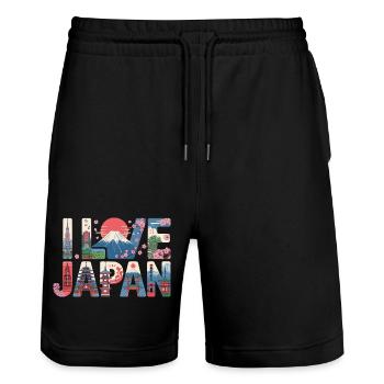 Vacances au temple de Fuji avec la skyline japonaise - Short de jogging bio TRAINER Stanley/Stella unisexe - noir - Devant - Nik (191cm) & Marisol (170cm)