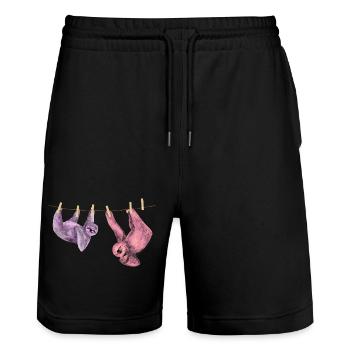 Idée cadeau avec un motif drôle d’animal paresseux - Short de jogging bio TRAINER Stanley/Stella unisexe - noir - Devant - Nik (191cm) & Marisol (170cm)