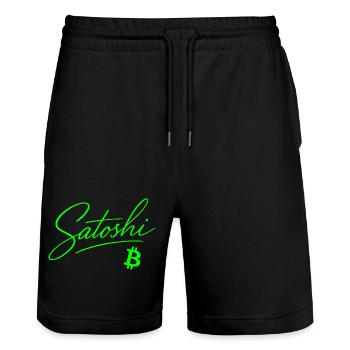 Satoshi Lettering Bitcoin Neon Motif Crypto Fan - Stanley/Stella Trainer Unisex Organic Jogging Shorts - black - Front - Nik (191cm) & Marisol (170cm)