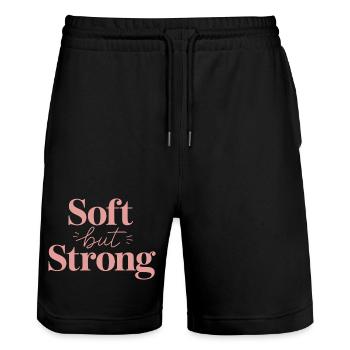 Soft but Strong – Pink Lettering - Stanley/Stella Trainer Unisex Organic Jogging Shorts - black - Front - Nik (191cm) & Marisol (170cm)