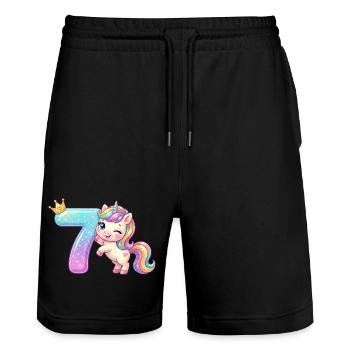 J’ai 7 ans de Kawaii Unicorn Girl Anniversaire - Short de jogging bio TRAINER Stanley/Stella unisexe - noir - Devant - Nik (191cm) & Marisol (170cm)