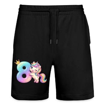 J’ai 8 ans d’anniversaire de la Fille Licorne Kawaii - Short de jogging bio TRAINER Stanley/Stella unisexe - noir - Devant - Nik (191cm) & Marisol (170cm)
