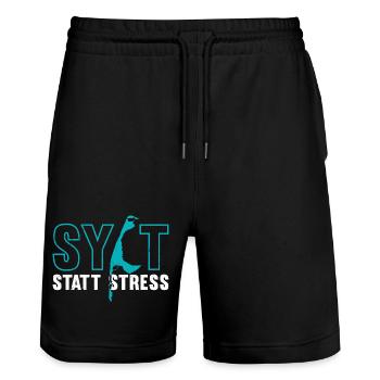 Nordsee Urlaub SYLT STATT STRESS Lustiges - Stanley/Stella Unisex Bio Joggingshorts Trainer  - Schwarz - Vorne - Nik (191cm) & Marisol (170cm)