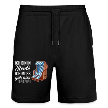 Ich bin in Rente ich muss gar nix mit Strandkorb  - Stanley/Stella Unisex Bio Joggingshorts Trainer  - Schwarz - Vorne - Nik (191cm) & Marisol (170cm)