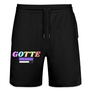 "Gotte loading" für werdende Patentanten 2026 - Stanley/Stella Unisex Bio Joggingshorts Trainer  - Schwarz - Vorne - Nik (191cm) & Marisol (170cm)