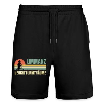 Ostsee Urlaub UMMANZ LEUCHTTURMTRÄUME Lustig - Stanley/Stella Unisex Bio Joggingshorts Trainer  - Schwarz - Vorne - Nik (191cm) & Marisol (170cm)