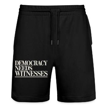 Demokratie braucht Zeugen der Pressefreiheit - Stanley/Stella Unisex Bio Joggingshorts Trainer  - Schwarz - Vorne - Nik (191cm) & Marisol (170cm)