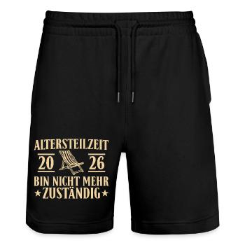 Altersteilzeit 2026 Nicht mehr zuständig - Stanley/Stella Unisex Bio Joggingshorts Trainer  - Schwarz - Vorne - Nik (191cm) & Marisol (170cm)